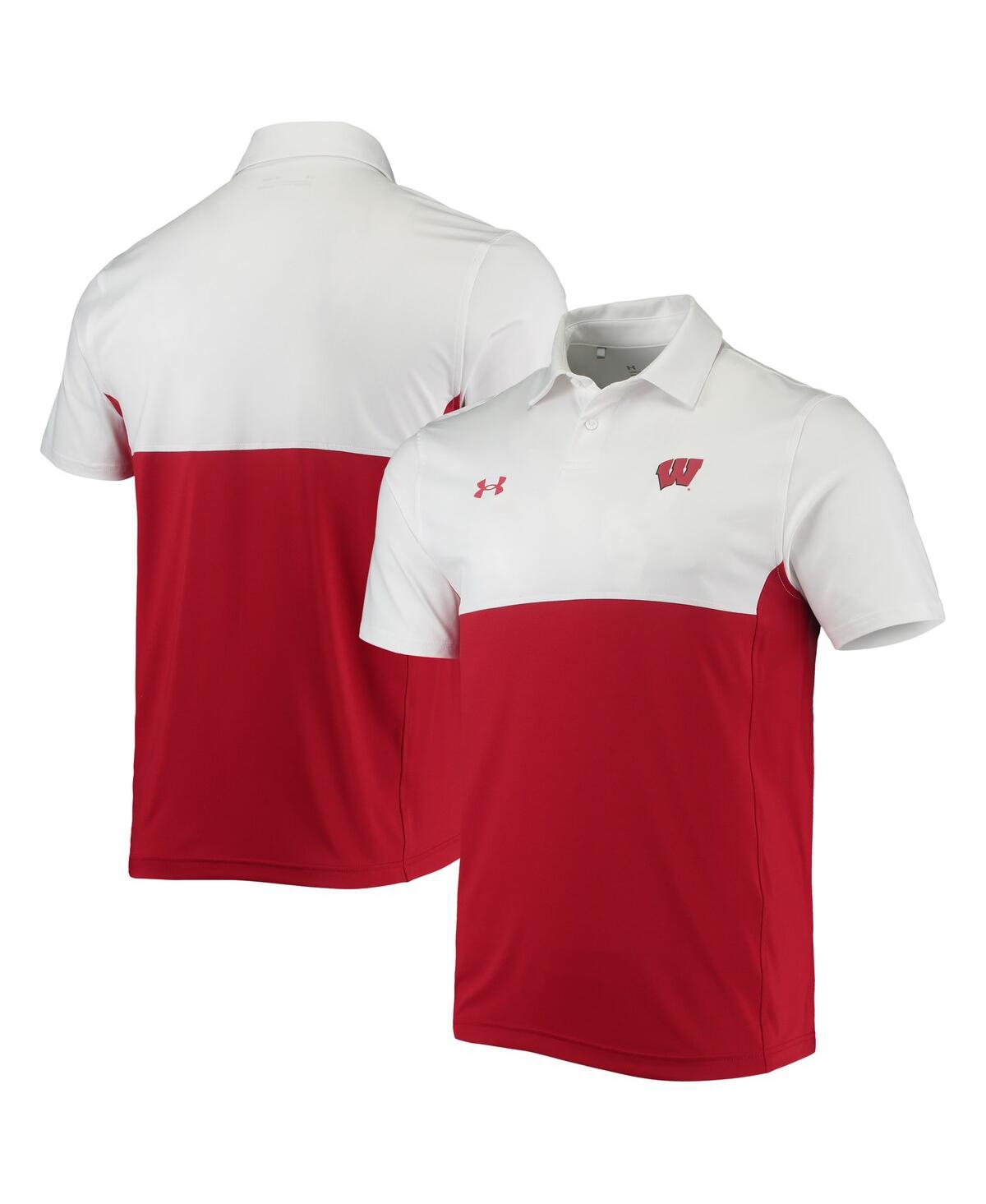 Shop Under Armour Men's  White, Red Wisconsin Badgers 2022 Blocked Coaches Performance Polo Shirt In White,red