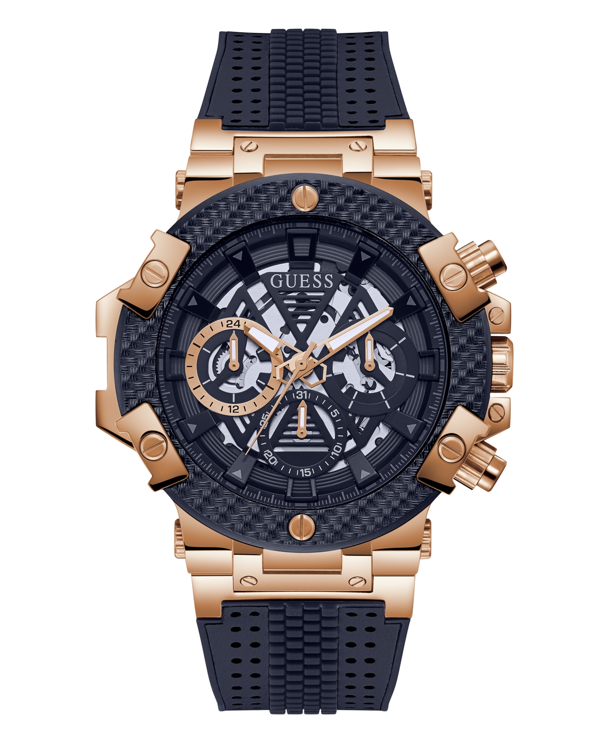 Guess Men's Rose Gold-tone Navy Genuine Leather, Silicone Strap, Multi-function Watch, 46mm