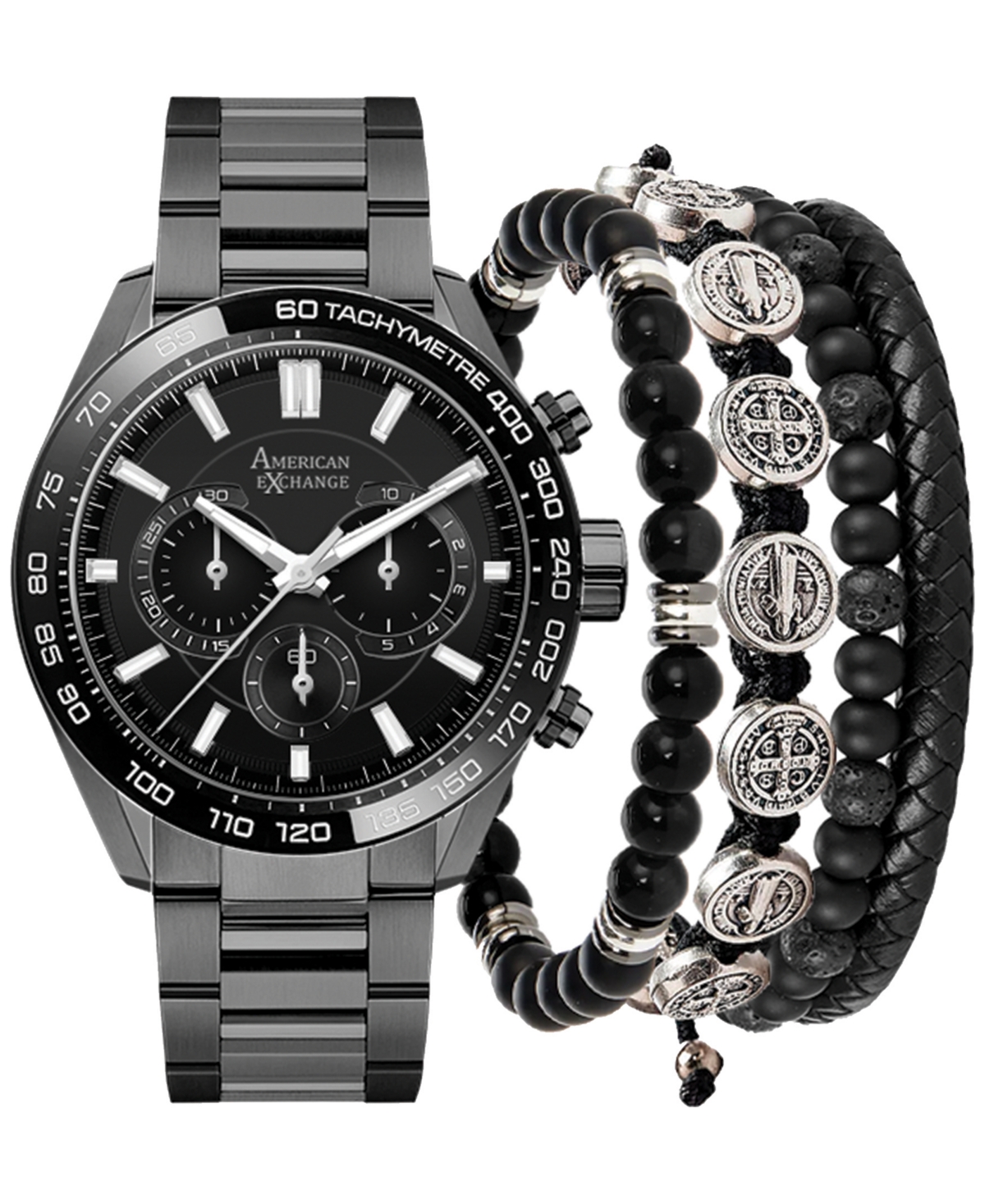 Men's Gunmetal Alloy Bracelet Watch 45mm Gift Set - Black