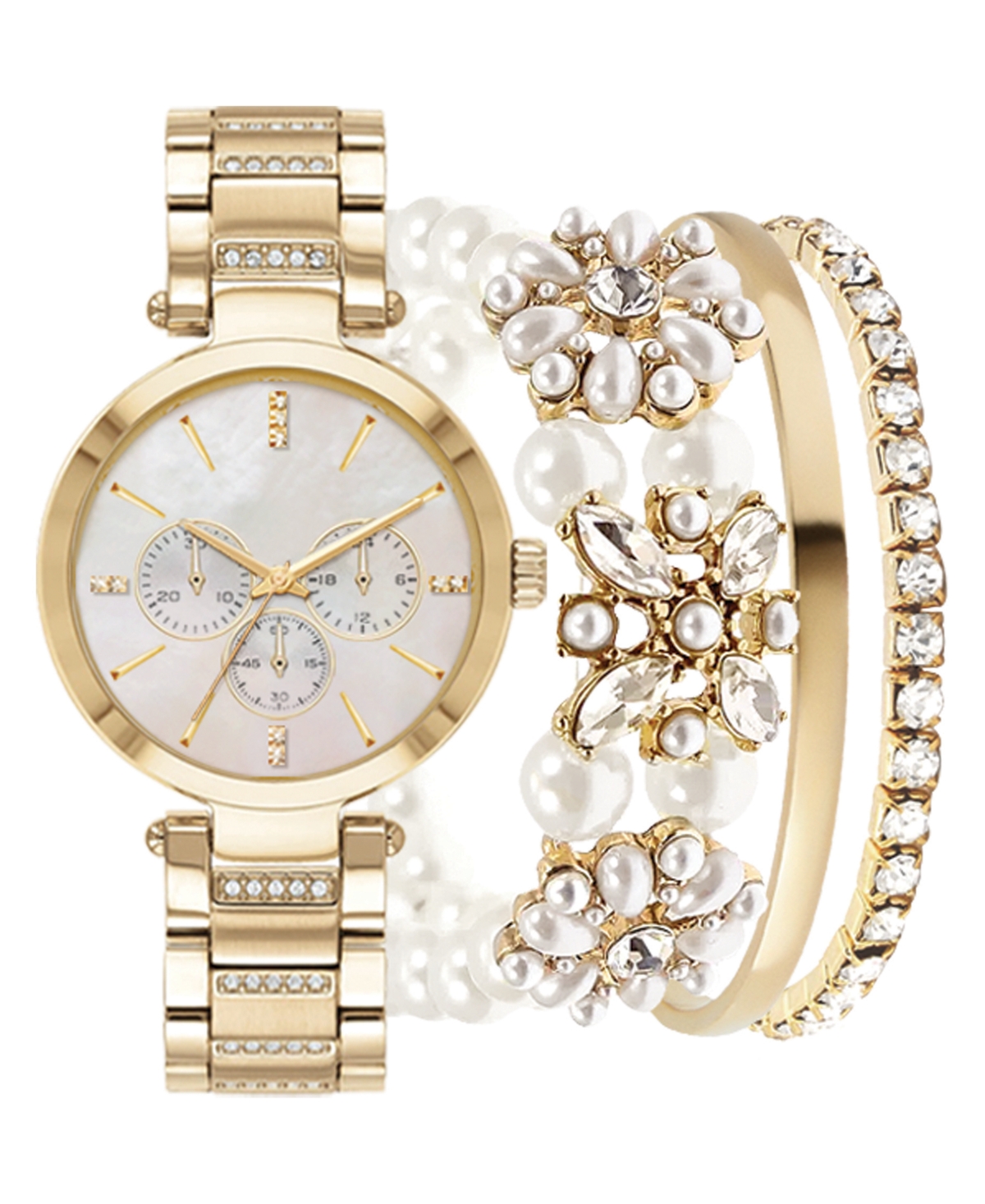 Women's Gold-Tone Metal Alloy Bracelet Watch 34mm Gift Set - Gold