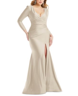 Cynthia & Sahar - Women's Long-Sleeve Side-Ruched Satin Gown