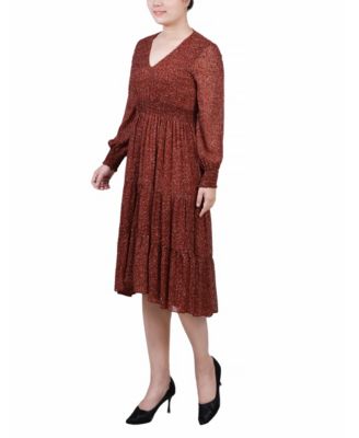 Women's Long-Sleeve Clip Dot Chiffon Dress with Smocked Waist and Cuffs Dress