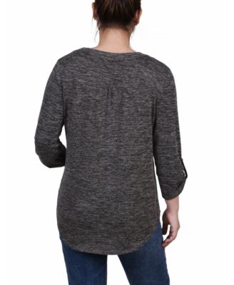 Women's 3/4 Roll Tab Sleeve Y-Neck Top