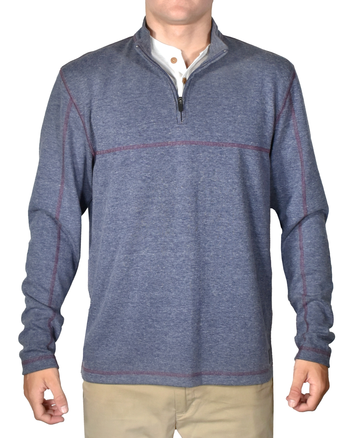 Men's Stretch Quarter-Zip Long-Sleeve Topstitched Sweater - Char Blue Heather