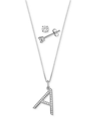 Giani Bernini - 2-Pc. Set Cubic Zirconia Initial Pendant Necklace & Solitaire Stud Earrings in Sterling Silver