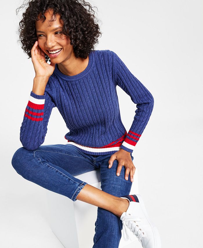 Bloom Feed på flov Tommy Hilfiger Women's Cotton Cable-Knit Tipped Sleeve Sweater - Macy's