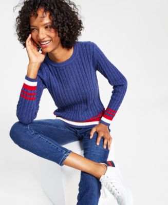 Tommy Women's Cotton Cable-Knit Tipped Sleeve Sweater