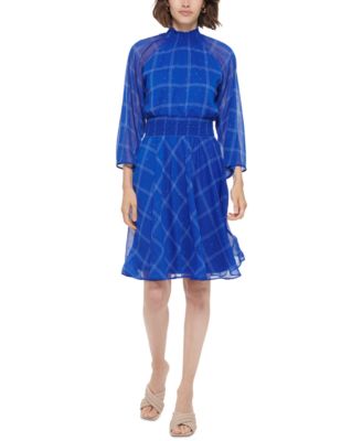 Calvin Klein - Petite Smocked Plaid-Print A-Line Dress