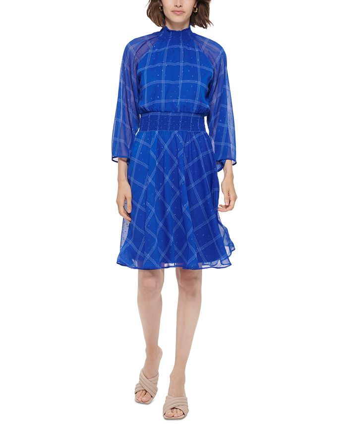 Calvin Klein Petite Smocked Plaid-Print A-Line Dress - Macy's