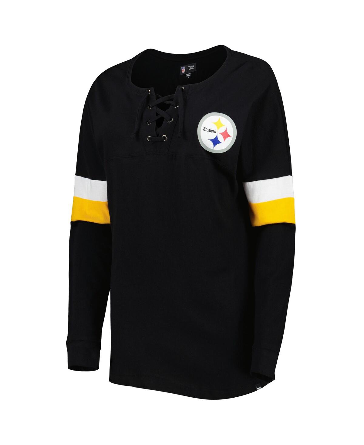 Shop New Era Women's  Black Pittsburgh Steelers Athletic Varsity Lace-up Long Sleeve T-shirt