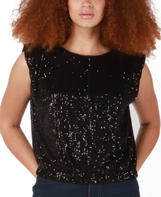 Black Tape - Women's Sequin Padded-Shoulder Cap-Sleeve Top
