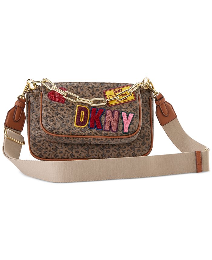 DKNY Brown Signature Coated Canvas and Leather Zip Messenger Bag Dkny