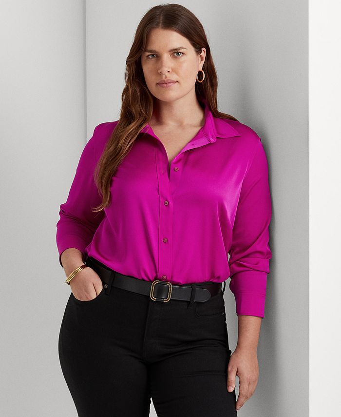 Lauren Ralph Lauren Plus Size Long Sleeve Buttoned Satin Top - Macy's