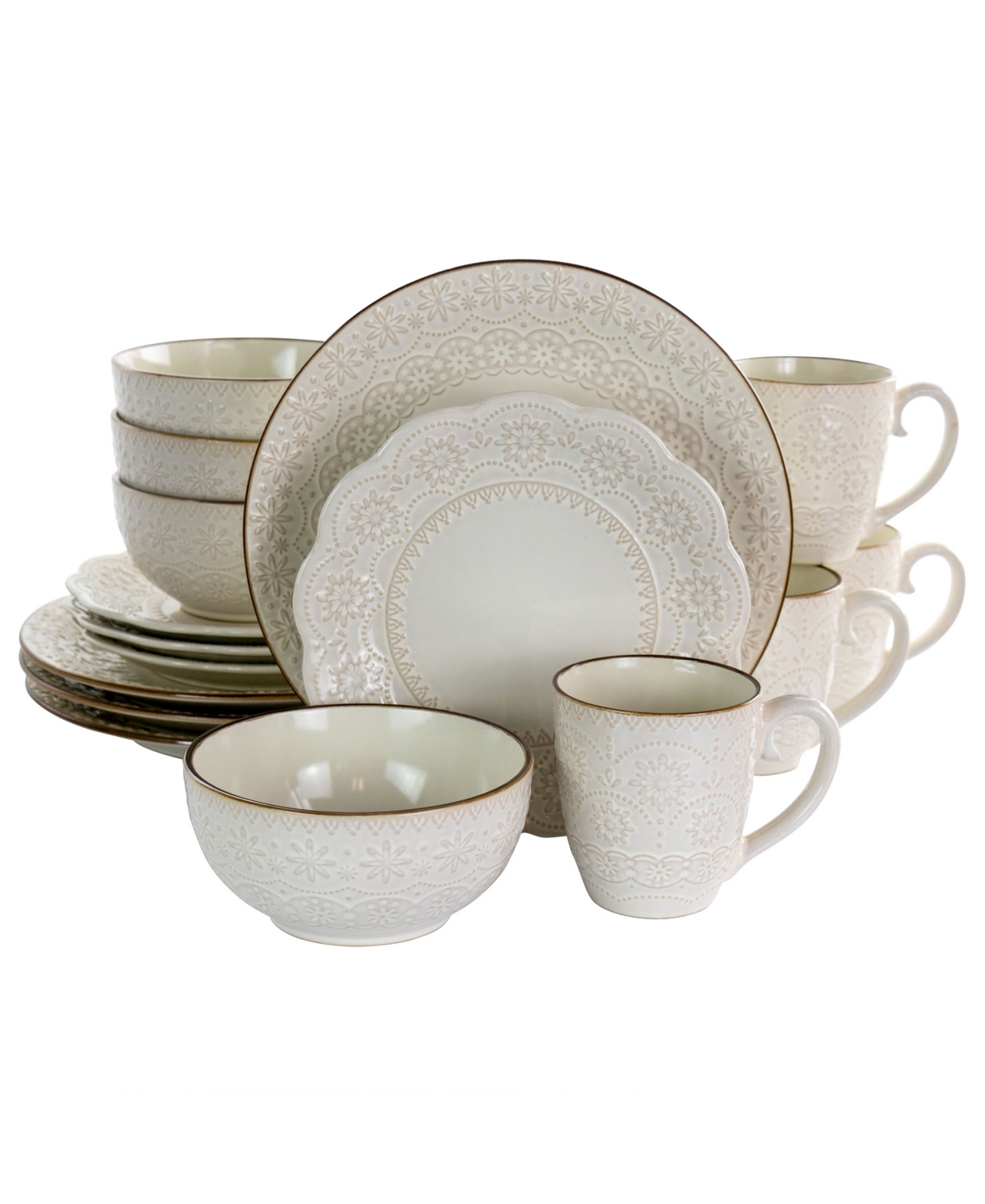Sophie Embossed Scalloped 16 Piece Stoneware Dinnerware Set, Service for 4 - Ivory