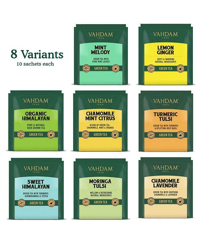 Vahdam Teas Green Tea Variety Sampler Gift Set, 80 Long Leaf Pyramid