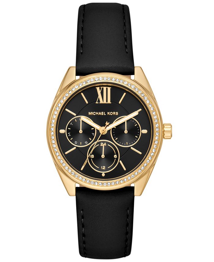 Michael Kors Women's Janelle Multifunction Black Leather Strap Watch ...