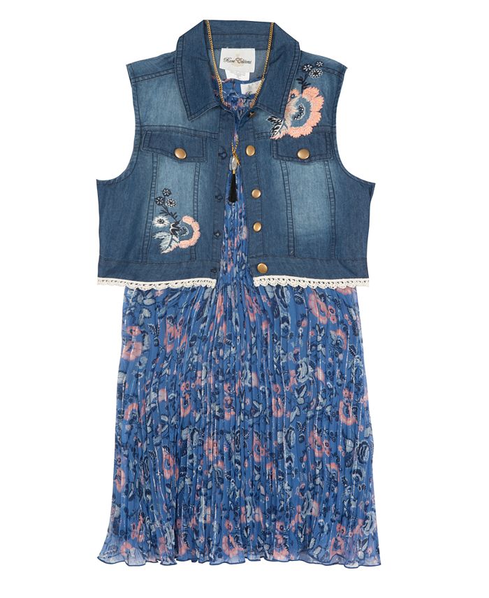 Rare Editions Big Girls Pleated Floral Chiffon Dress and Denim Vest, 2