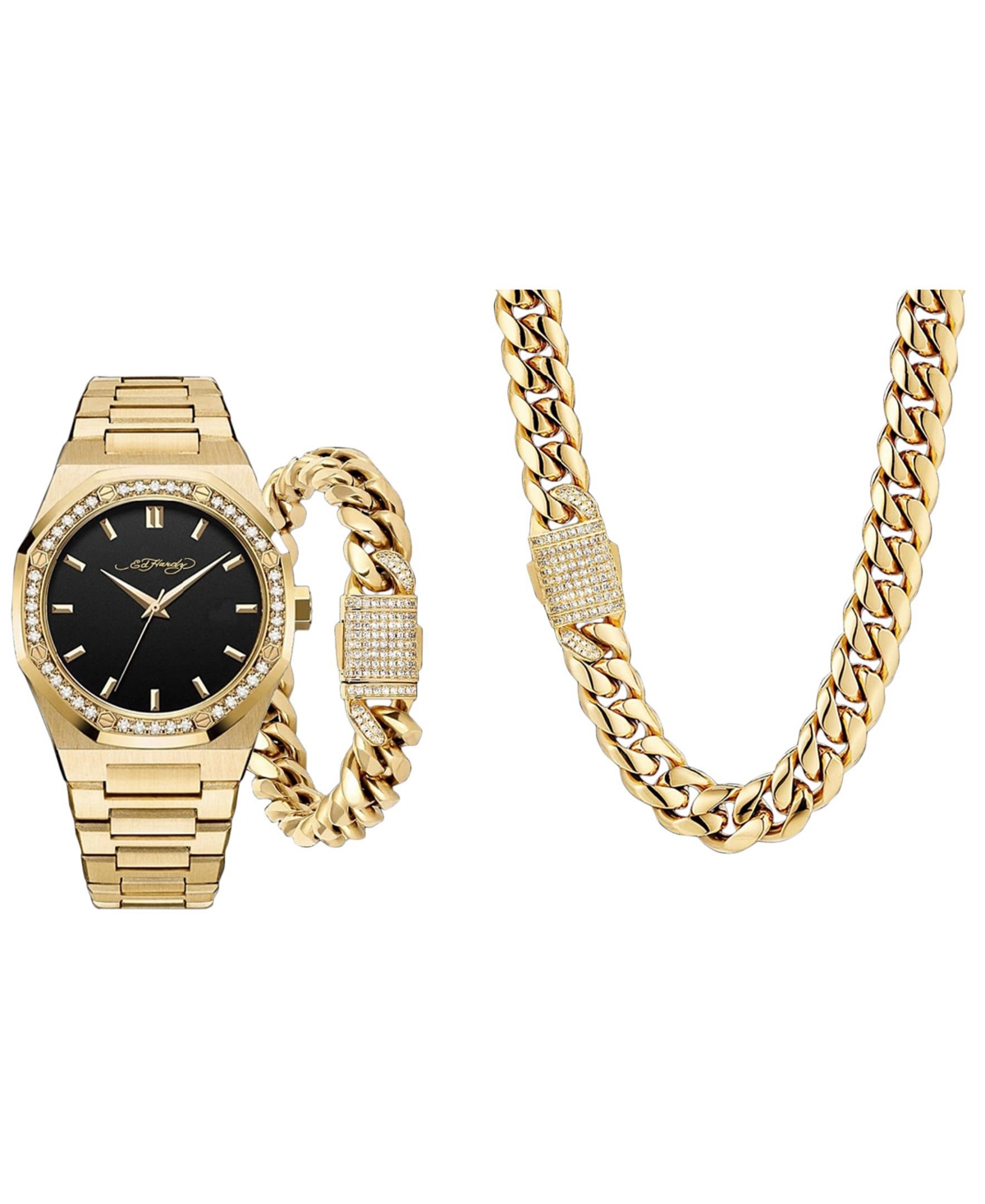 Ed Hardy Men's Shiny Gold-tone Metal Bracelet Watch 42mm Gift Set In Matte Black,shiny Gold-tone