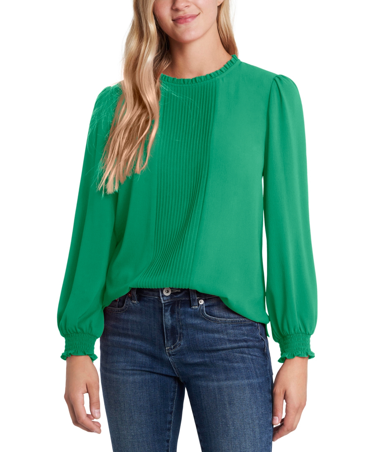 Cece Women's Long Sleeve Smocked Cuff Pin-tuck Front Blouse In Lush Green