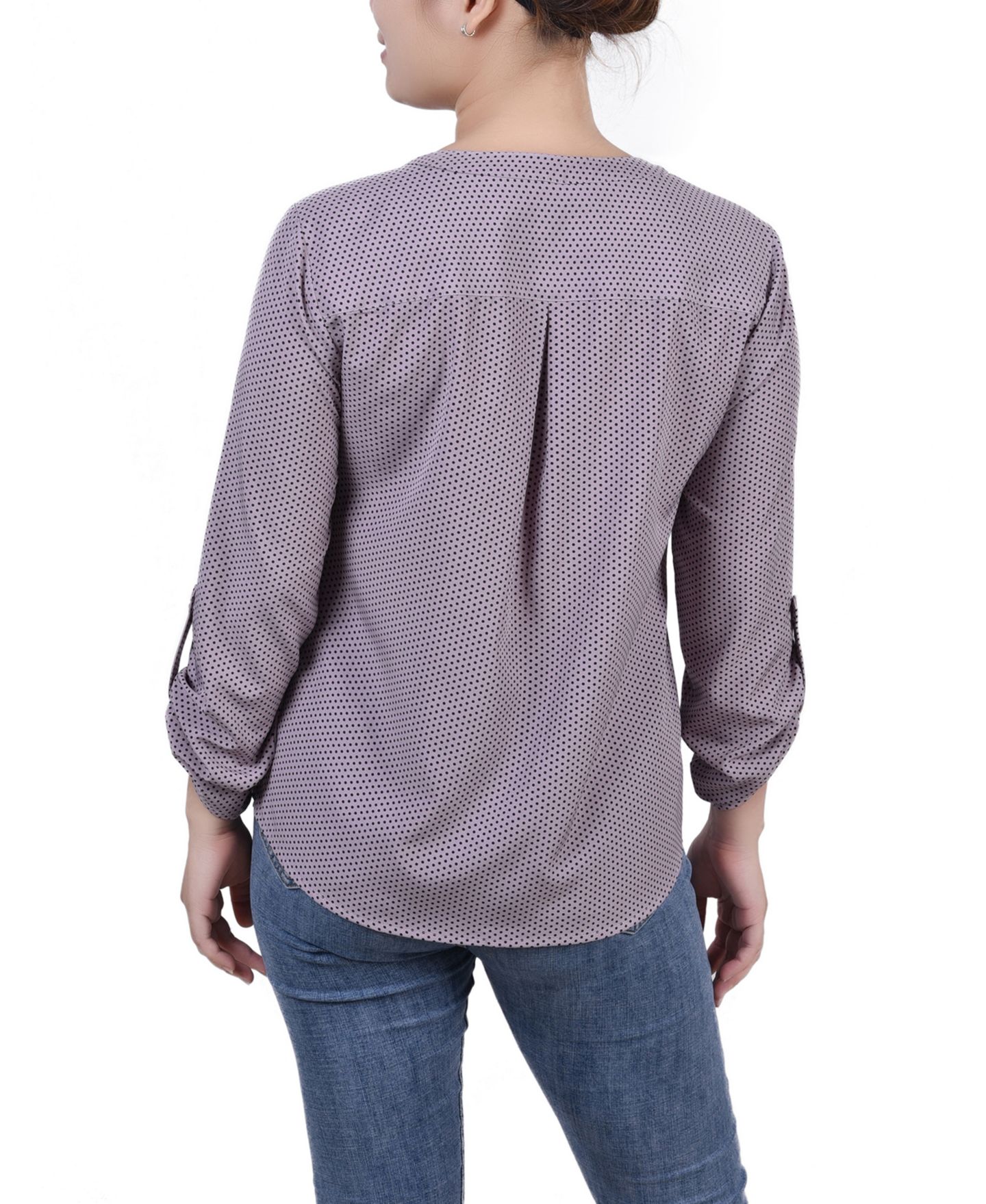 Женская блузка NY Collection Petite 3/4 Sleeve Roll Tab Y Neck, цвет: Морской туманный чёрный — фото 2