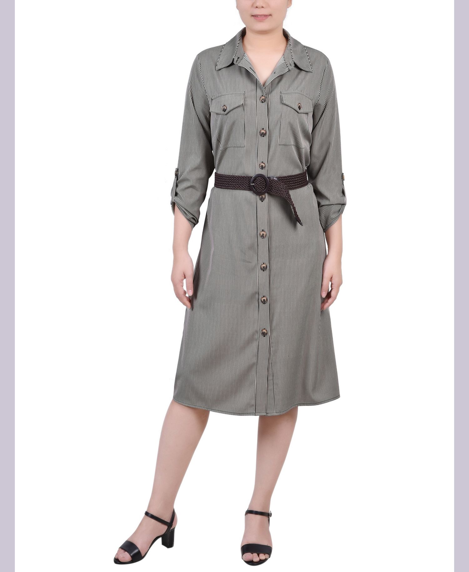 NY Collection Petite 3/4 Roll Tab Sleeve Shirtdress