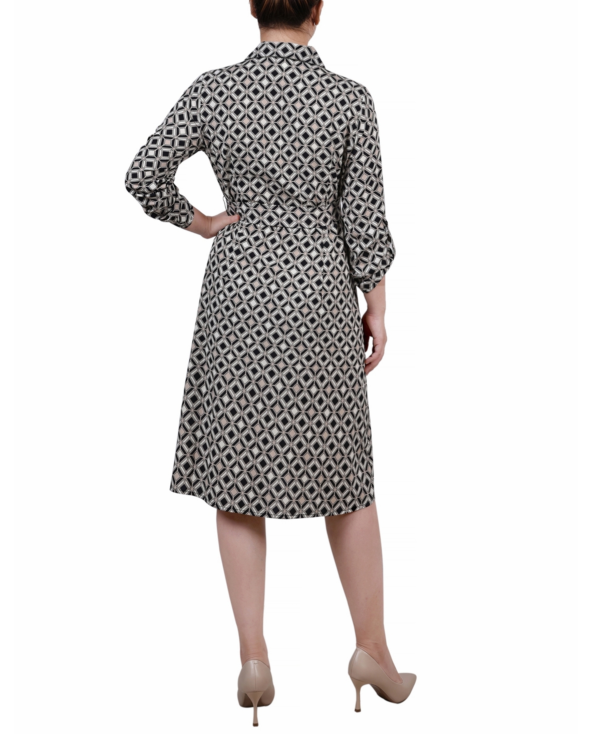 Ny Collection Petite Geometric Printed Long Sleeve Roll Tab Shirtdress In Black