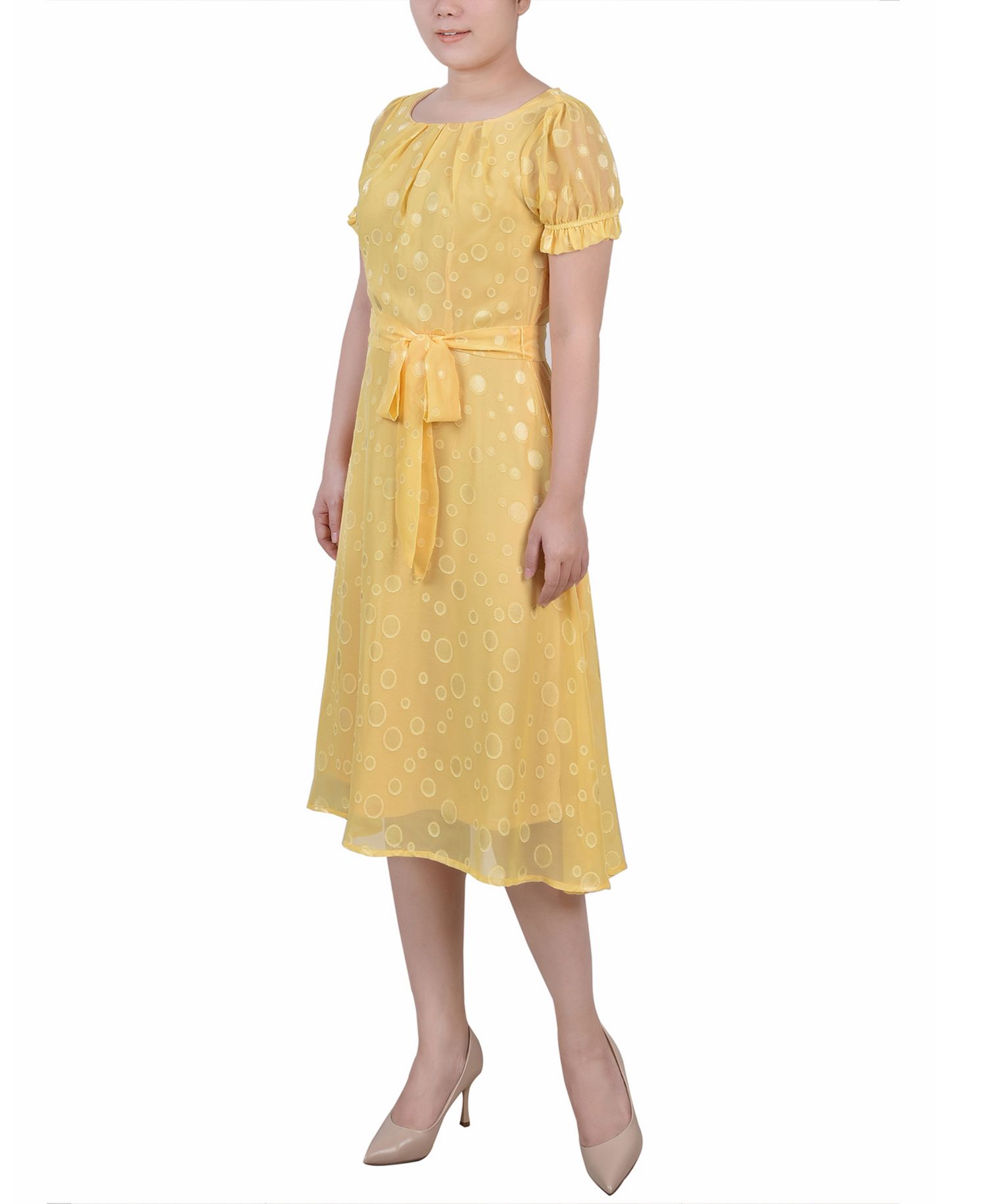 Petite Short Sleeve Belted Swiss Dot Dress