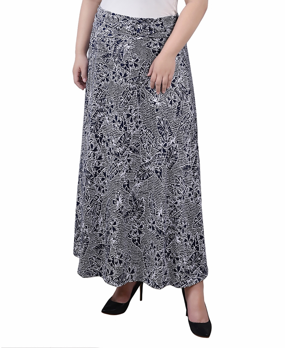 Ny Collection Plus Size Maxi A-line Skirt With Front Faux Belt In Navy Mykonosflora