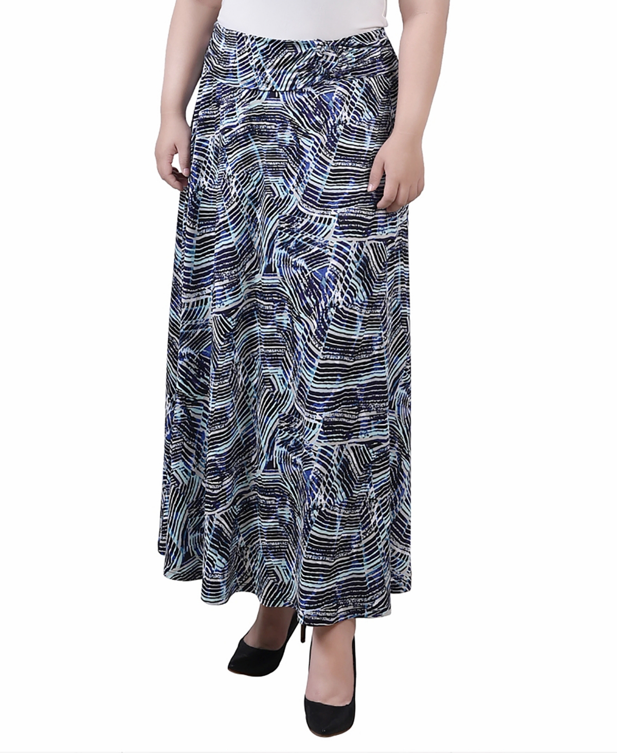 Shop Ny Collection Plus Size Maxi A-line Skirt With Front Faux Belt In Blue Colorfil