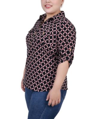 Plus Size Roll Tab Sleeve Zip Front Top