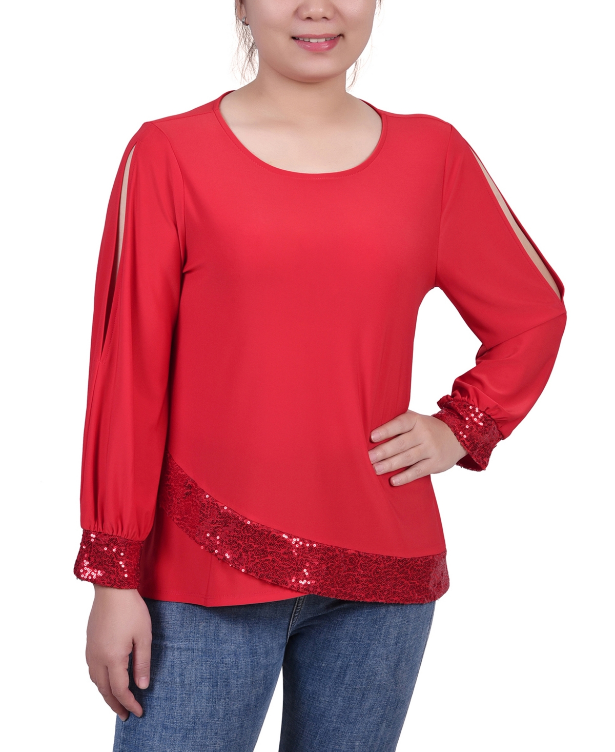 Ny Collection Petite Long Sleeve Knit Top With Sequin Hem In Red