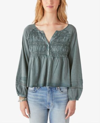 Lucky Brand Women's Textured Smocked Long-Sleeve Babydoll Top - Macy's