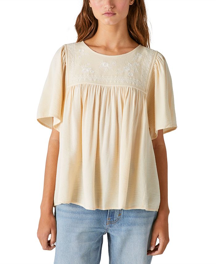 Lucky Brand Women's Embroidered Short-Sleeve Relaxed-Fit Top - Macy's