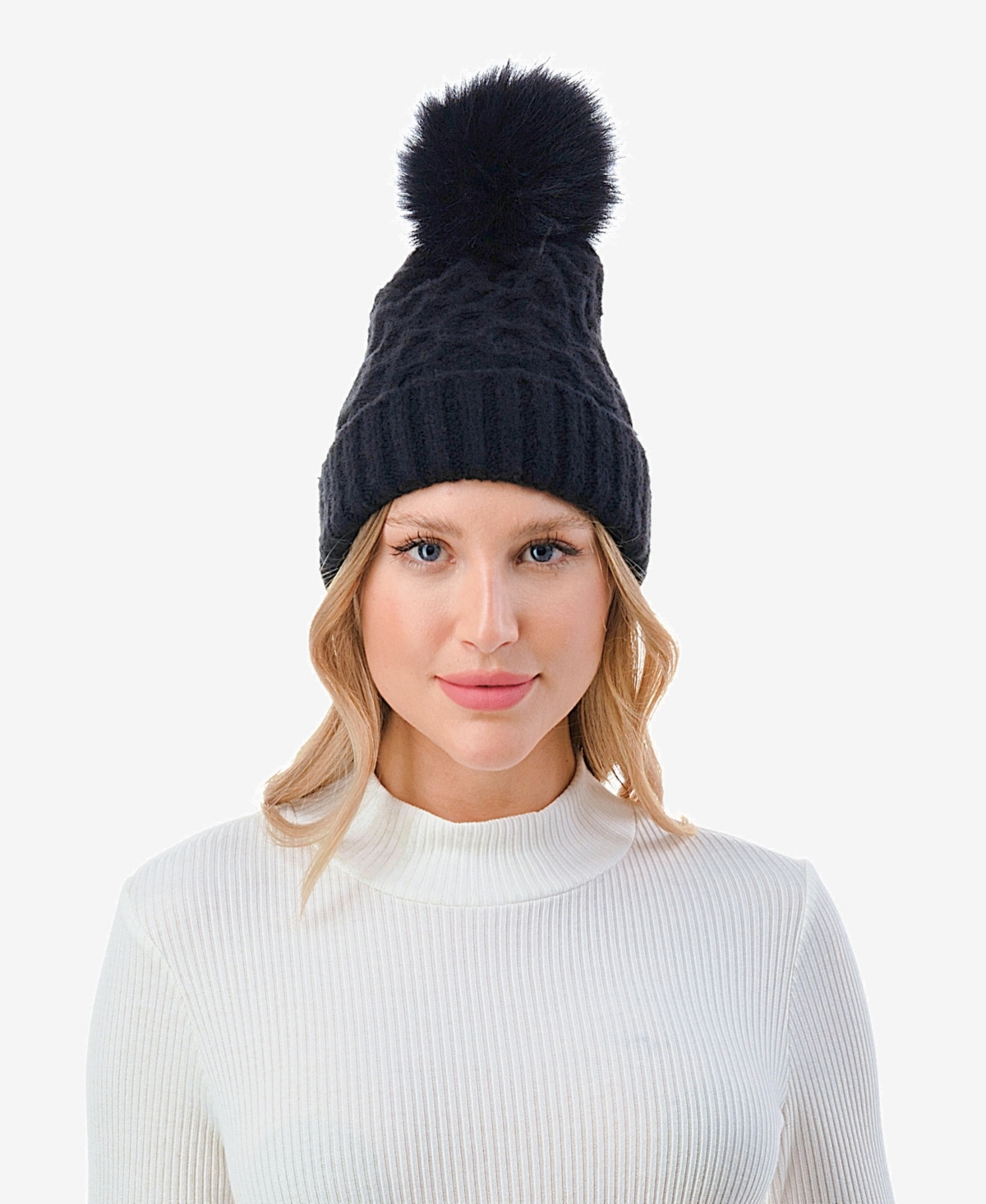 Women's Cable Knit Pom Beanie with Cuff - Mauve
