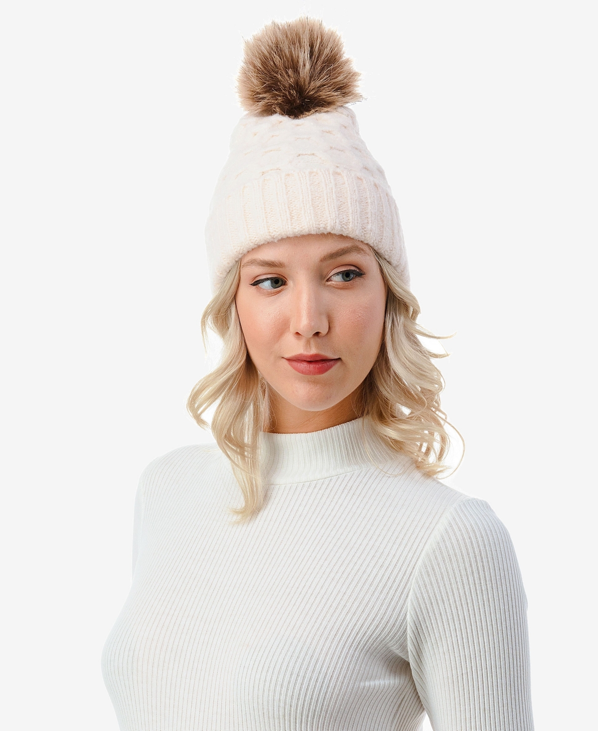Marcus Adler Women's Cable Knit Pom Beanie With Cuff In Ivory
