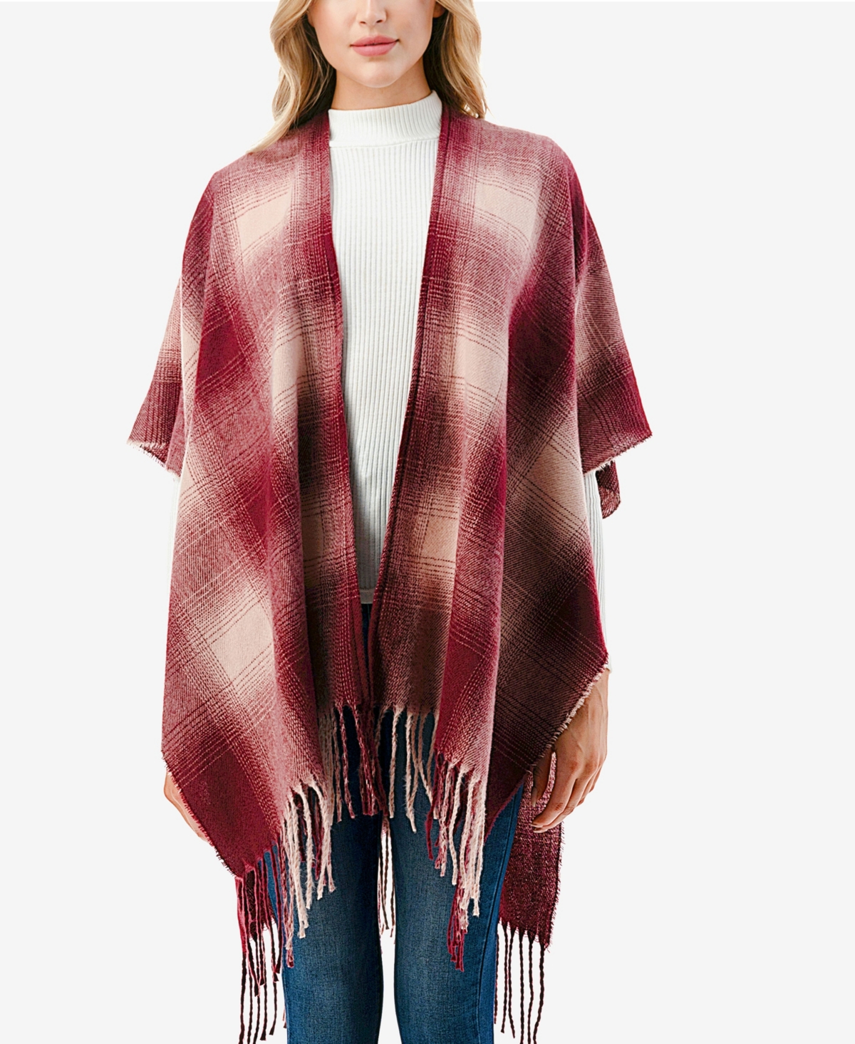 Marcus Adler Women's Plaid Open-front Fringe-trim Poncho In Blush