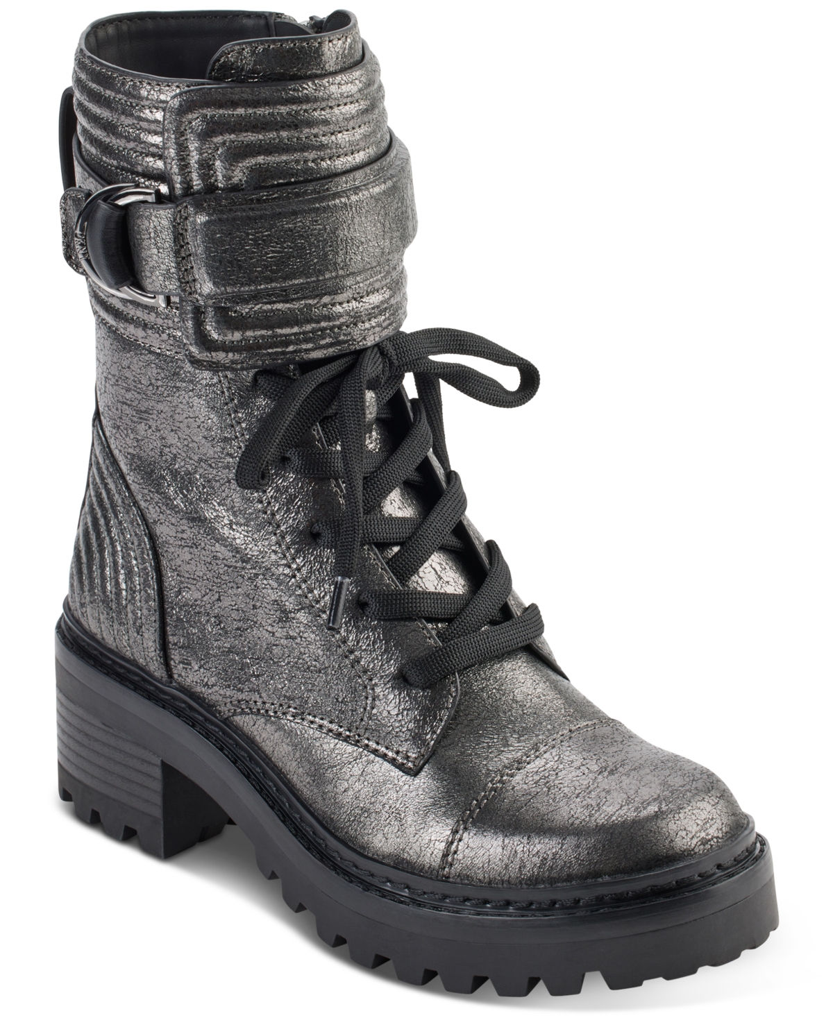 DKNY WOMEN'S BASIA BUCKLED QUILTED BLOCK-HEEL COMBAT BOOTS