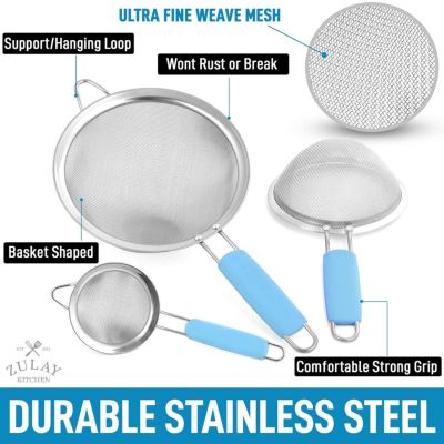 Set of 3 Premium Stainless Steel Fine Mesh Strainer with Non-Slip Handles