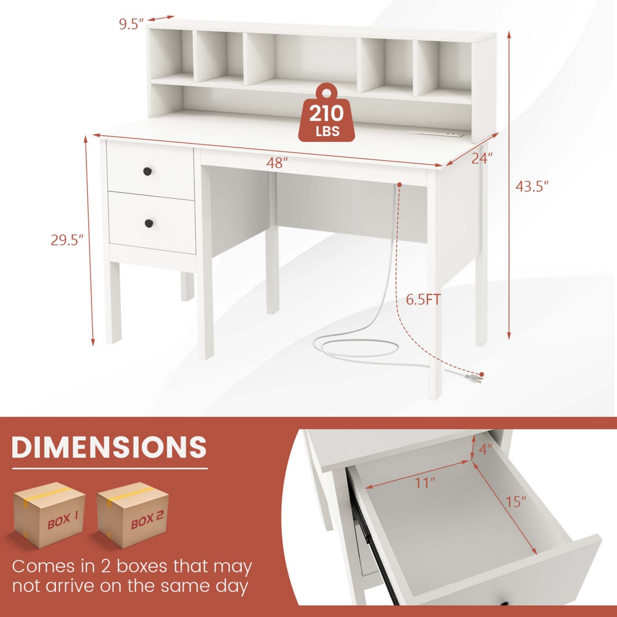 Costway Computer Desk with Power Outlets Type-c 5-Cubby Hutch & 2 Storage Drawers