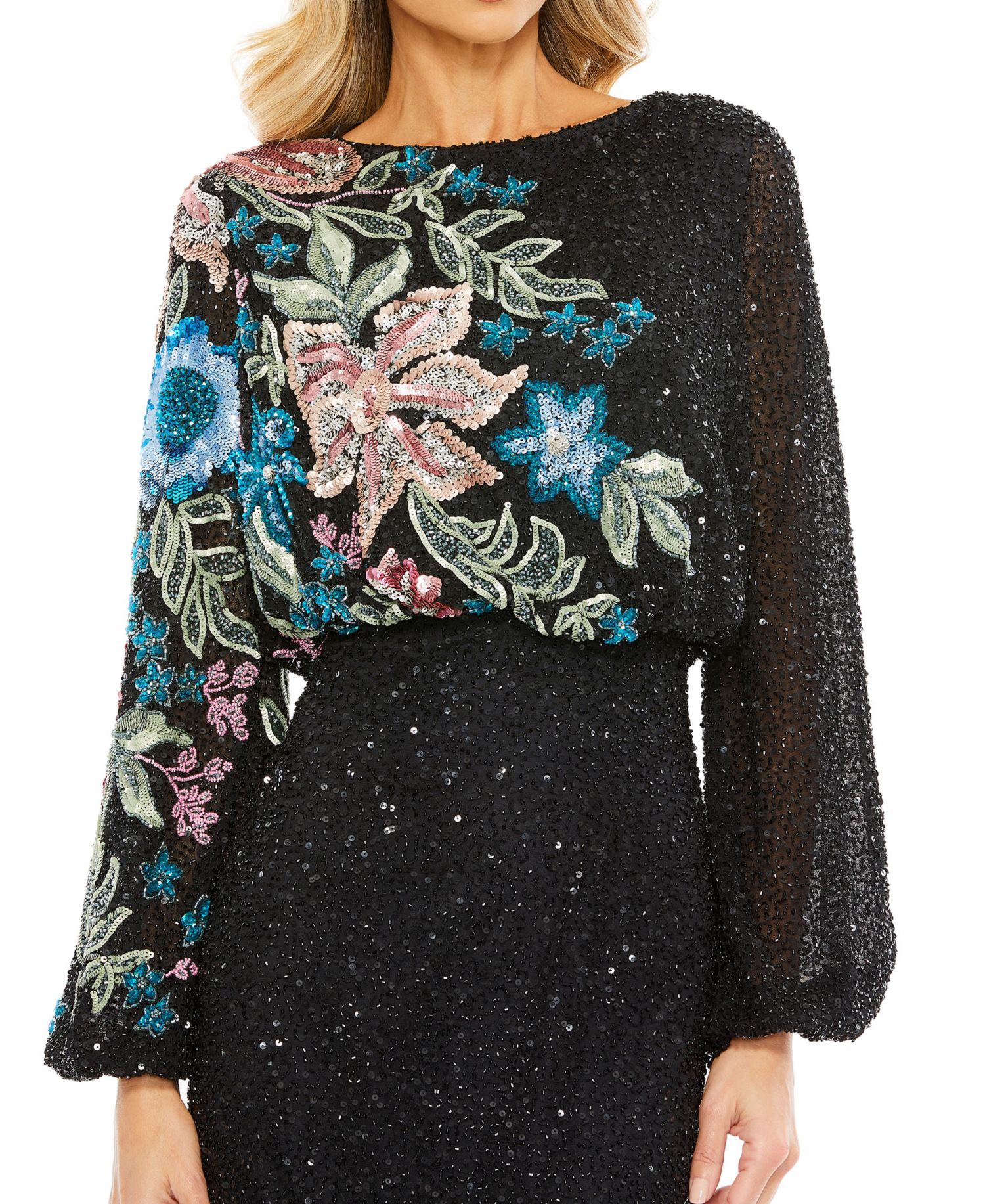 Women's High Neck Blouson Sleeve Sequin Gown