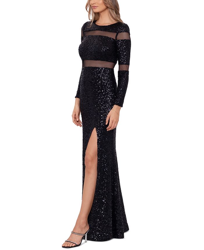 Betsy & Adam Women's Sheer-Detail Sequined Long-Sleeve Gown - Macy's