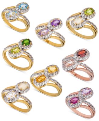 Gemstone White Topaz Halo Bypass Ring Collection In 14k Gold Plated Sterling Silver