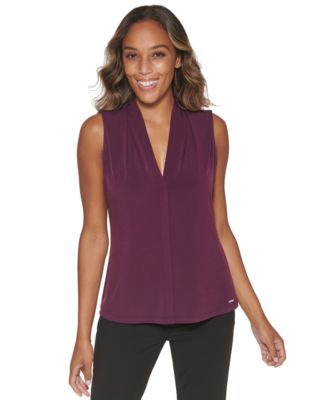 Calvin Klein Gathered V-Neck Sleeveless Top - Macy's