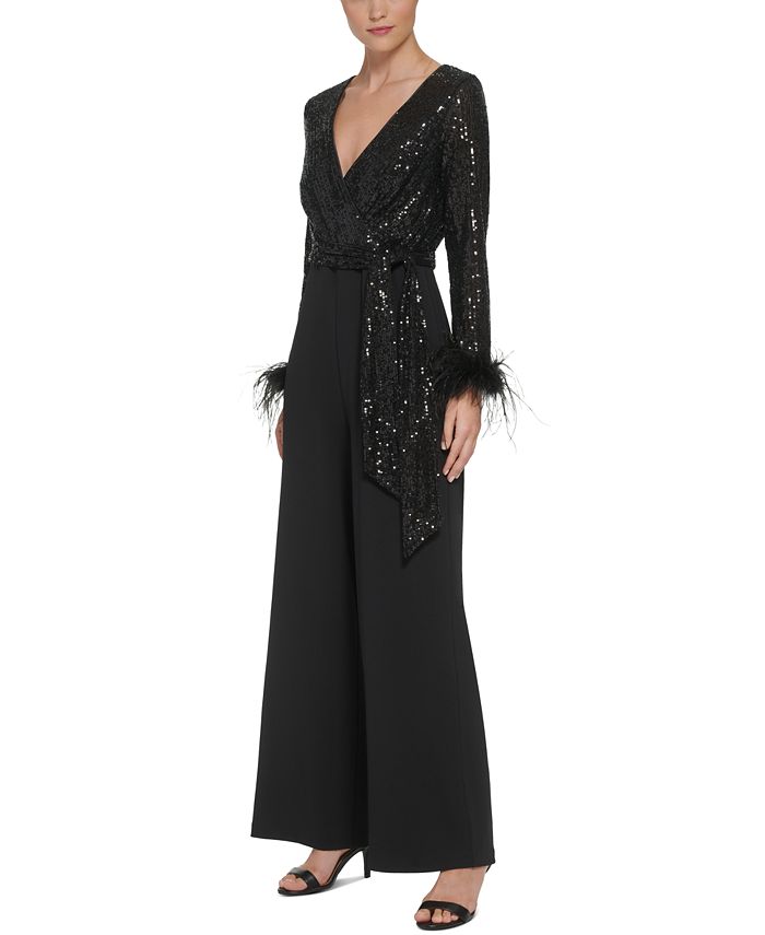 Eliza J Women's Sequined V-Neck Long-Sleeve Jumpsuit - Macy's