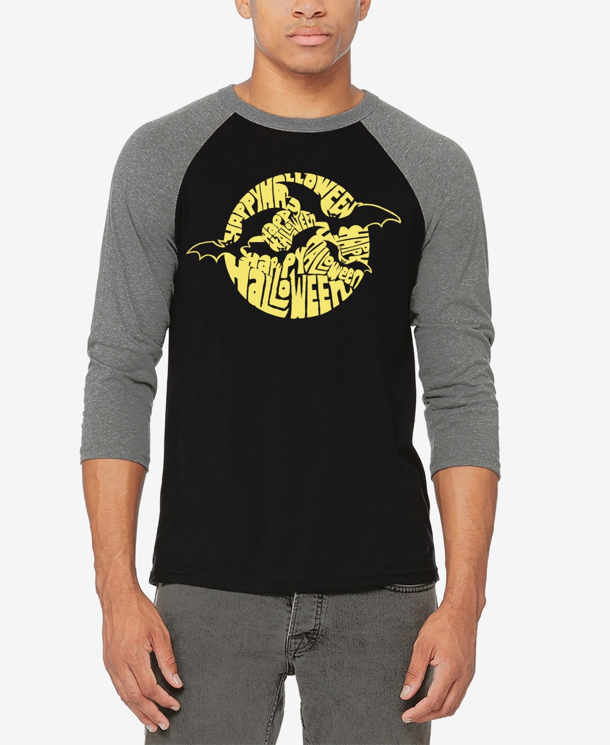 La Pop Art Men's Raglan Baseball Halloween Bats Word Art T-shirt - Black