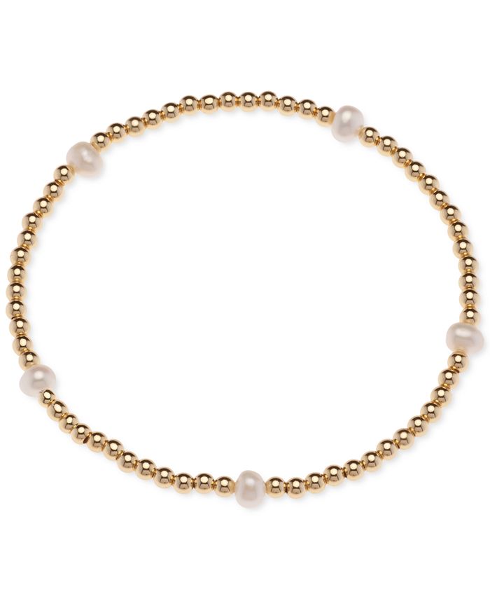 Macy's Cultured Freshwater Pearl (41/2 5mm) & Polished Bead Station Stretch Bracelet in 18k