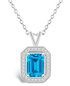 Blue Topaz (2 ct. t.w.) and Diamond (1/7 ct. t.w.) Halo Pendant Necklace in Sterling Silver
