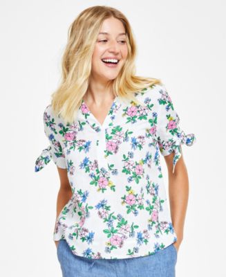 売れ筋商品|||チャータークラブ カットソー トップス レディース Petite Floral-Embroidered Linen Tie-Sleeve Top, Exclusively at Macy's Bright White Charter Club Women's Linen Floral Tie-Sleeve Top, Created