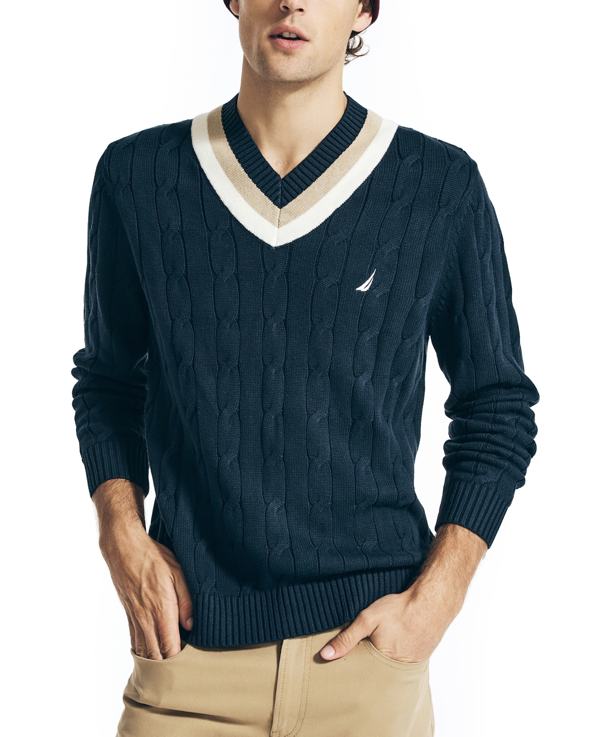 Nautica Men s Cable Knit V neck Varsity Cricket Sweater Smart Closet