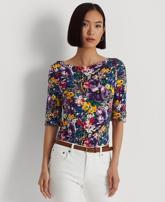Lauren Ralph Lauren Women's Floral Stretch Cotton Boatneck T-Shirt &  Reviews - Tops - Women - Macy's